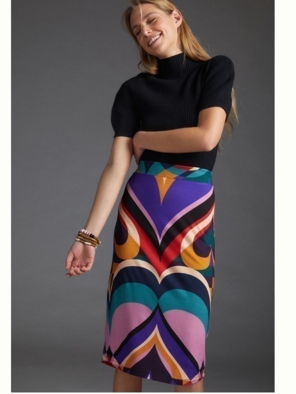 FARM Rio Kaliya Midi Skirt Bold Geometric Retro Mod Print Colorblock Boho XS